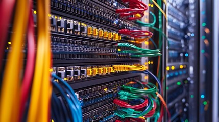 High-tech server room with vibrant cables provides reliable infrastructure for powerful data solutions and network connectivity for business success