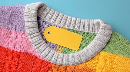 Sweater with a yellow tag on the back. The tag has a number on it