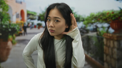 Fototapeta premium Woman listening on street outdoors with curious expression in urban area lined with greenery capturing candid moment of young chinese female.