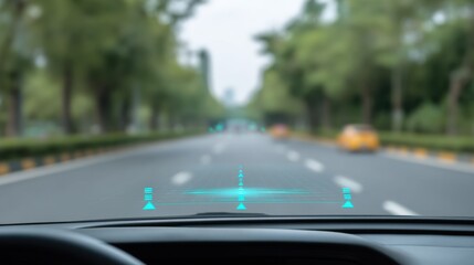 Futuristic Car Dashboard Displaying Heads-Up Navigation Interface on City Road with Green Trees Blur in Background