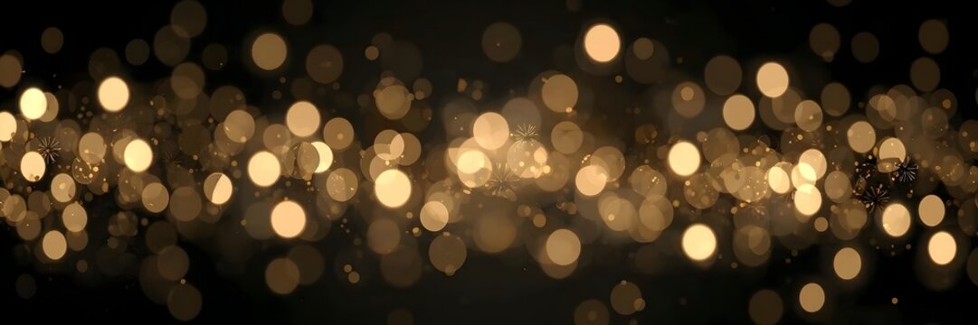 A luxurious, wide banner background featuring a central band of large, glowing golden bokeh circles against a rich, dark backdrop - Powered by Adobe