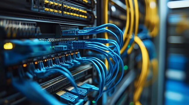 High tech server room with blue and yellow cables for data transfer in a modern data center, perfect for technology and innovation visuals - Powered by Adobe