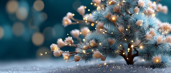 Close-up of a Soft and Atmospheric Winter Pine Tree Branch Decorated with Glowing Lights, Perfect for a Christmas Greeting Card with Bokeh Background