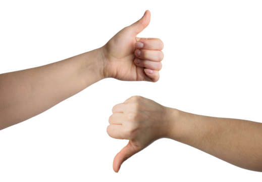 Two outstretched human hands showing opposite gestures thumbs up like or approval, the other thumbs down dislike or disapproval