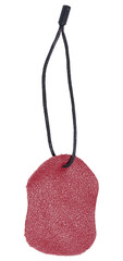 Red leather tag or label on a black cord, isolated background. Blank price tag