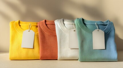 Row of four shirts with tags on them. The shirts are in different colors and are neatly folded