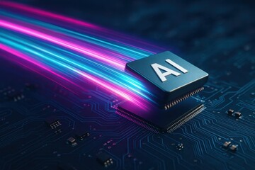 Glowing AI processor on circuit board with colorful light trails, symbolizing fast artificial intelligence computing, data processing and acceleration.

