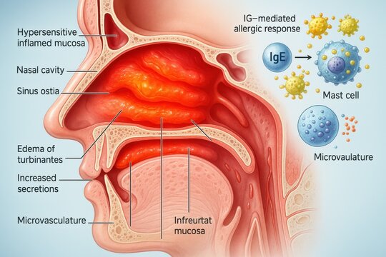 IgE mediated allergic rhinitis nasal inflammation diagram. Cross-section of human nasal cavity showing swollen mucosa, turbinate edema and IgE-mediated allergic response with mast cells and microvasc
