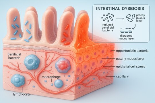 Medical illustration of intestinal wall showing healthy and opportunistic bacteria, damaged mucus layer, immune cells and changes during gut dysbiosis.
