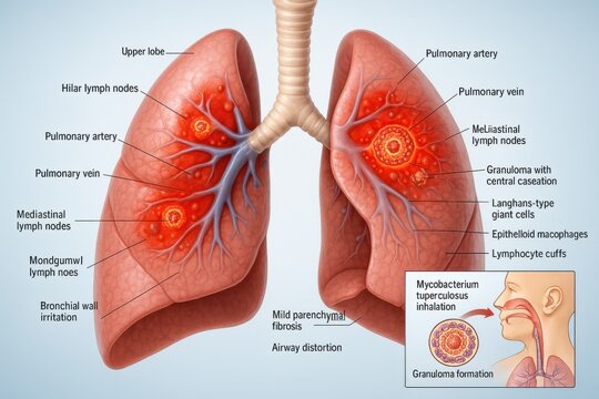 Pulmonary tuberculosis infection in human lungs illustration. Detailed illustration of human lungs with highlighted tuberculous granulomas, lymph nodes and airways, explaining pulmonary TB infection 
