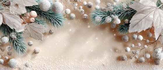 Cozy Christmas Greeting Card Design with Snowy Pine Branches, Silver Berries, Decorative Snowflakes, and Soft Sparkling Lights for Holiday Wishes