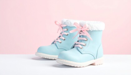 A playful Christmas pastel background featuring a pair of miniature snow boots