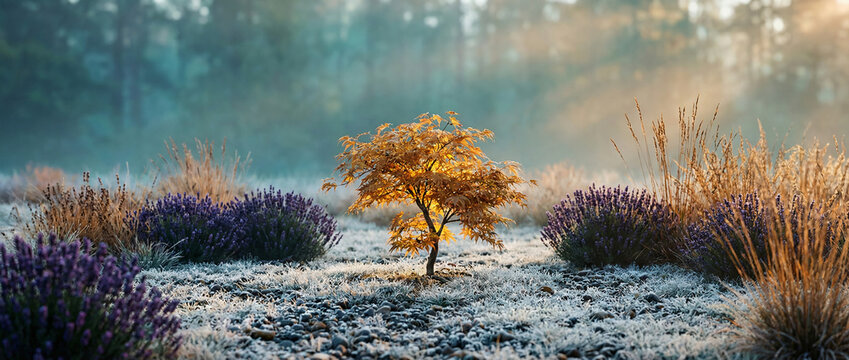 Panoramic view of a solitary yellow autumn tree surrounded by vibrant purple and orange ornamental grasses on a white frost covered field. - Powered by Adobe