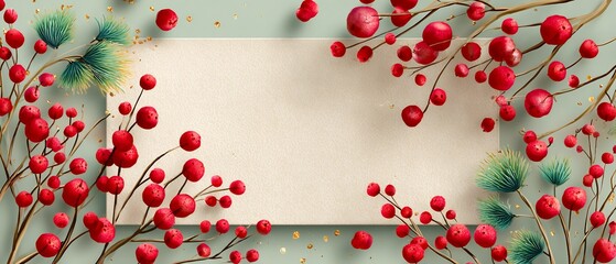 Elegant Christmas Card with Red Berries and Greenery on Light Background, Delicate Festive Design with Watercolor Style and Copy Space, Beautiful Holiday Season