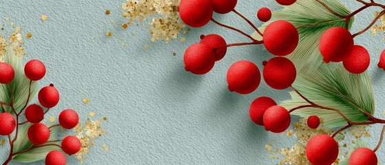 Festive Christmas Background with Red Berries and Greenery on Textured Surface, Holiday Season Design with Elegant Style and Copy Space, Christmas Decoration and Celebration
