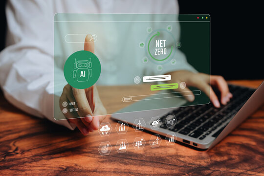 Finger pointing digital net zero dashboard, sustainability insight, environmental responsibility, carbon reduction strategy, AI support system, green data monitoring, sustainability management concept