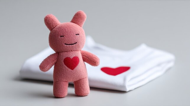 Cute pink plush bunny toy with heart design stands beside folded white t-shirt featuring heart, perfect for Valentine's Day gifting and celebration