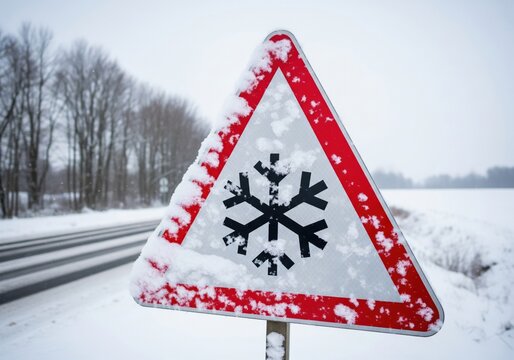 Road warning sign with snowflake symbol covered in frost, indicating slippery or icy conditions during winter snowfall. Traffic safety, and driving caution