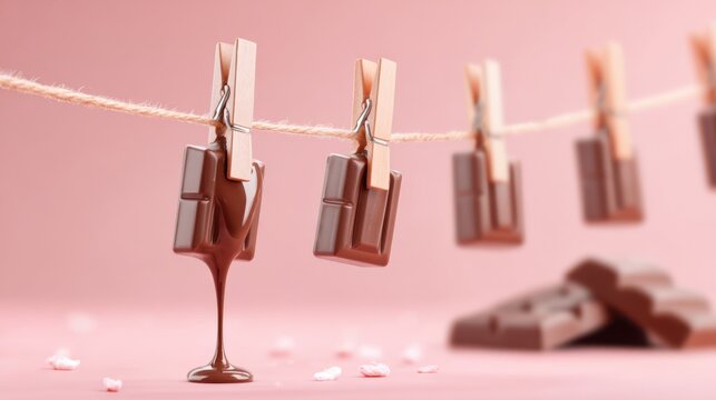 Chocolate bars hanging on a string with melted chocolate dripping below, creating a delightful scene for World Chocolate Day celebration