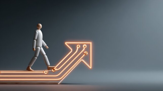 Wooden figure walking on illuminated arrow path, symbolizing progress and direction in a modern, minimalistic environment with copy space