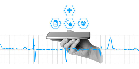 Online appointment scheduling and medication purchase via mobile app, healthcare concept. Hand holding smartphone, medical icons, and ECG line above screen. Minimalistic art collage