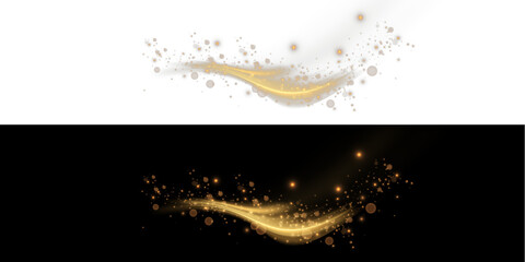 Gold Sparkling light on two backgrounds, sparkling Stars and dust PNG. Abstract overlay. Glowing light effect with lots, glitter particles and stars. . Magical glow PNG.