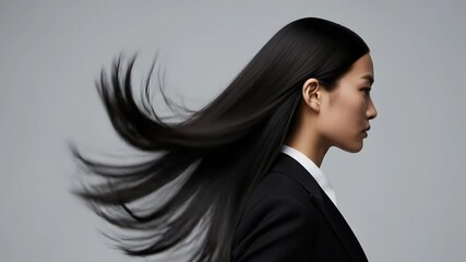 Elegant woman posing with graceful hair motion in professional attire on grey backdrop