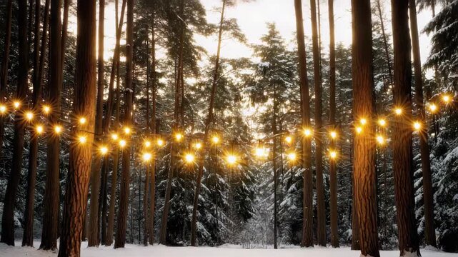 Snowy pine tree forest with warm string lights creating cozy winter evening glow, peaceful