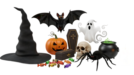 A festive collection of 3D Halloween symbols including a witch hat, pumpkin, ghost, and spider, isolated on a transparent background for design