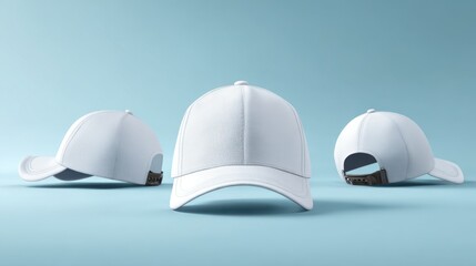 White baseball caps displayed from multiple angles on a soft blue background, showcasing design features and potential for branding mockup