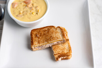 chicken corn chowder  with tuna melt sandwich