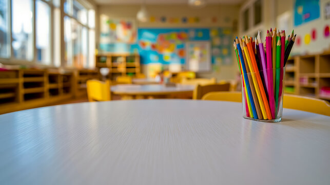 Classroom desk chair pencils colorful school education learning art creativity children teacher students supplies organized decoration