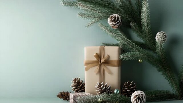 Elegant wrapped gift with pine branch, pinecone and ribboned bow for cozy minimalist holiday pine