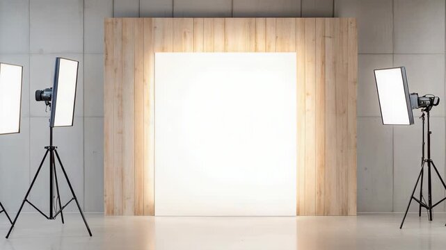 Bright photography studio backdrop with softbox lighting and wooden wood panel frame creating warm