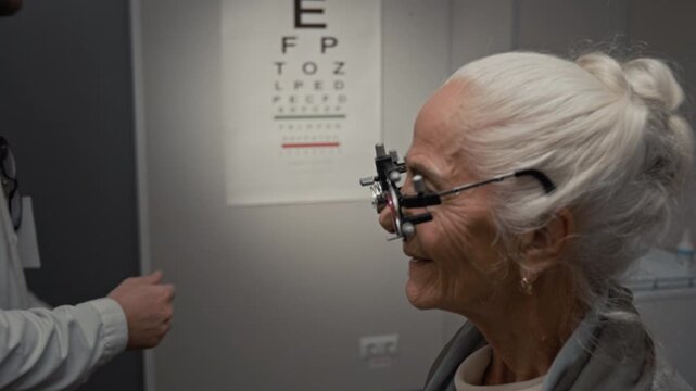 Side view shot of male doctor adjusting trial frames on senior woman during eye exam in clinic and walking over to test chart on wall