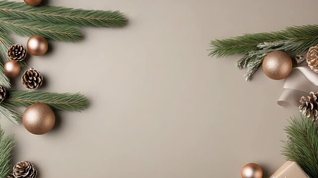 Elegant neutral holiday flatlay with pine branch, bronze ornament, pine cone, gift box and ribbon