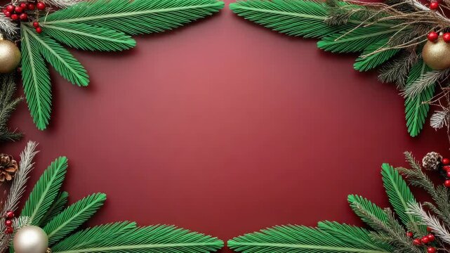 Festive evergreen frame border branches with red berries gold ornament pinecone fir branch warm