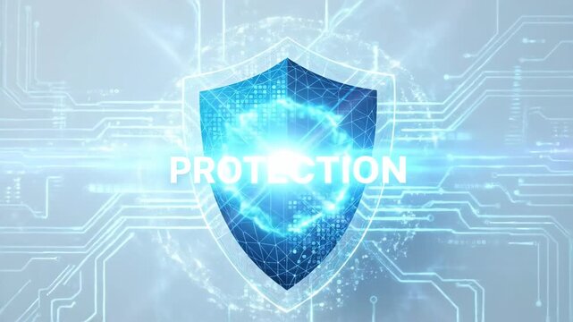 Animated blue shield emerges on digital circuit background with glowing effects. Protection symbol materializes step by step. Cybersecurity concept for online data defense and security visualization.