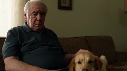 An elderly man and his loyal dog, sitting close together on a couch, demonstrating a strong bond Stock Video