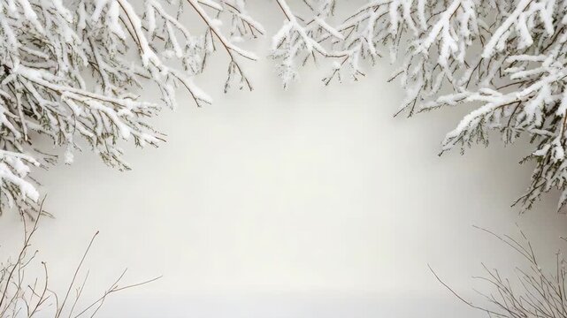 Snowy evergreen branch frames serene winter clearing with soft light calm mood and peaceful