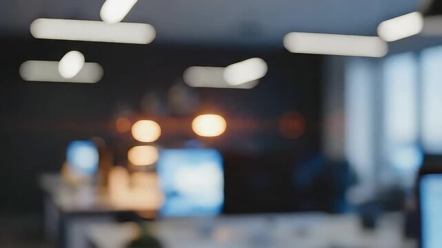 Blurred view of empty corporate workspace with bokeh lighting effects and out of focus equipment perfect for virtual meeting backdrops or business background video