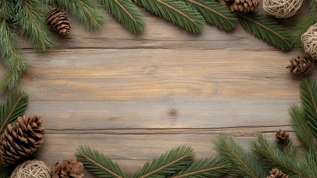 Rustic wooden background with pine branches, pinecone decorations and evergreen cozy holiday frame