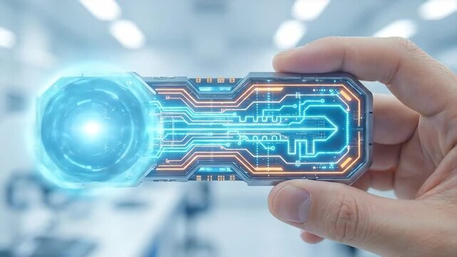 Man activating futuristic digital key fob in hand. Sequence shows glowing blue circuits and arrow scanning process. High-tech access security concept for modern office entry. video footage video