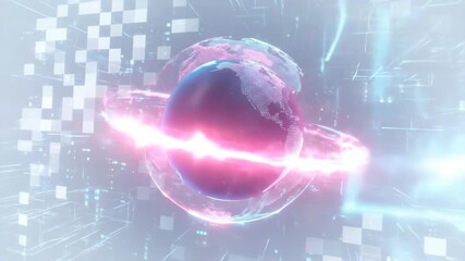 Rotating holographic earth with neon glow rings. Digital globe animation in cyber grid background. Futuristic planetary visualization for global technology and connectivity concepts. video footage - Powered by Adobe