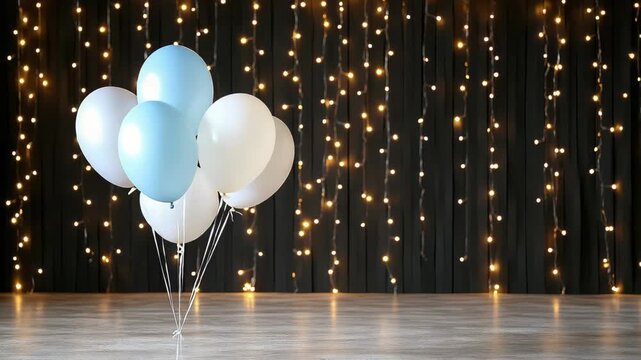 Blue and white balloons cluster polished wooden floor with warm string lights celebration balloon