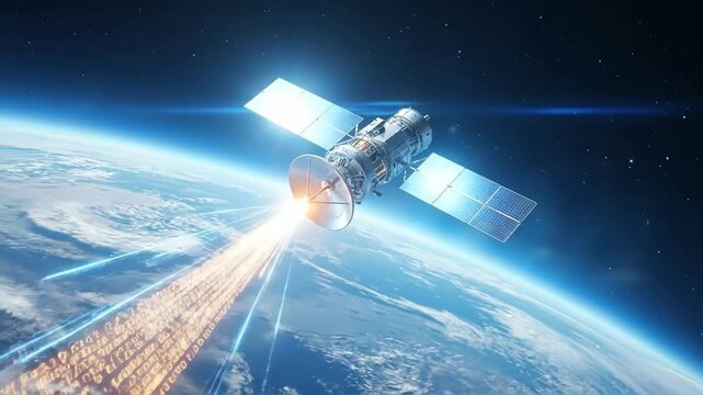 Satellite maneuvering towards Earth with secure thrusters. Space probe in orbit firing engines for stable approach. Digital animation of secure satellite deployment technology. video footage video