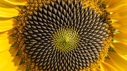 Extreme Close-up of the Head of a Vibrant Sunflower Showing the Perfect Fibonacci Spiral Arrangement of Dark Seeds and Yellow Petals