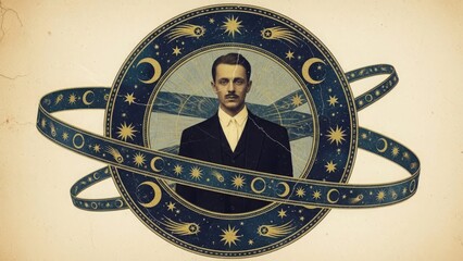Vintage Portrait of a Man with Celestial Elements A Retro Illustration Featuring Stars and Moons