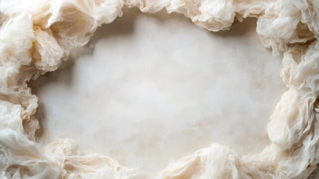 Soft beige wool fiber textile frame with neutral soft cream fabric and airy wool texture