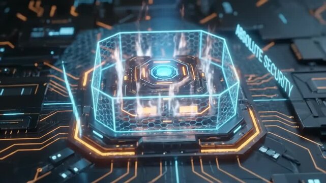 Quantum security barrier activating in digital cyber network. Holographic shield emerging with glowing energy core and hexagonal frame for absolute protection concept. video footage video footage